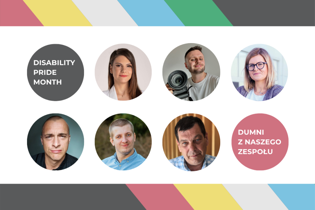 Six members of the YES Team pose in a graphic layout against the colors of the Disability Pride flag. On the left is a circle with the words “Disability Pride Month,” and on the right is “Proud of our team.”