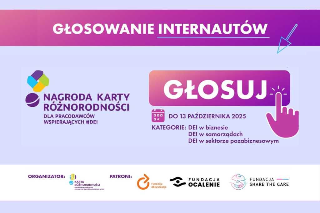 Grafika promująca głosowanie w Nagrodzie Karty Różnorodności dla pracodawców wspierających #DEI. Napis „Głosuj do 13 października 2025”. Kategorie: DEI w biznesie, samorządach i sektorze pozabiznesowym, logotypy organizatorów i patronów.