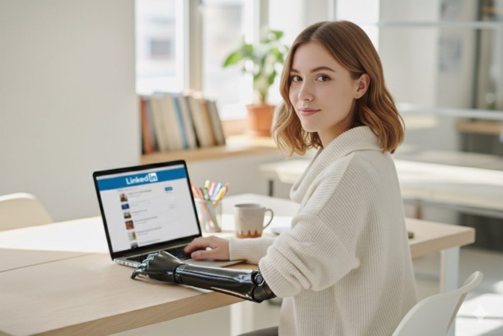 A woman with a prosthetic left arm sits at a desk with a laptop open to the LinkedIn page. She has red hair, a beige sweater, and looks straight into the camera. In the background, there is a window with a potted flower and books on the windowsill.