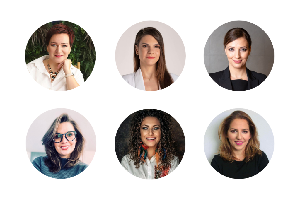 Collage of six women’s portraits on a light background. Each shown from the shoulders up in a circular frame. Different hairstyles and outfits, some wearing blazers. One person wears glasses.