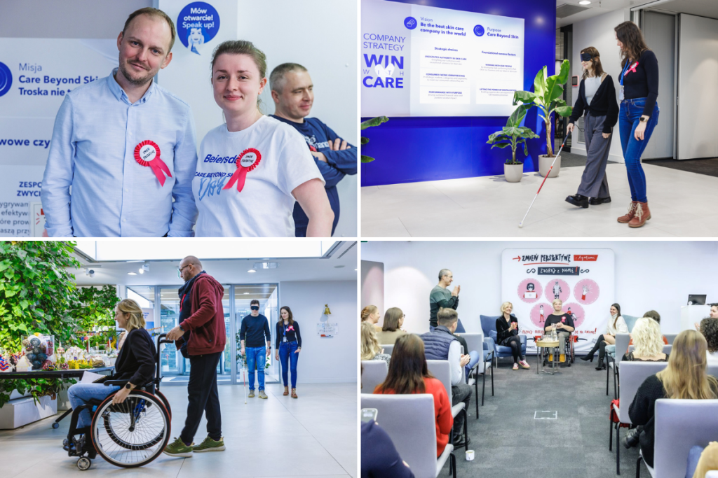 Collage of four photos from events at Beiersdorf Poland: participants wearing Care Beyond Skin pins, practicing with a white cane, a wheelchair user in the office, and a panel in front of the “Change your perspective with Agata” roll-up.