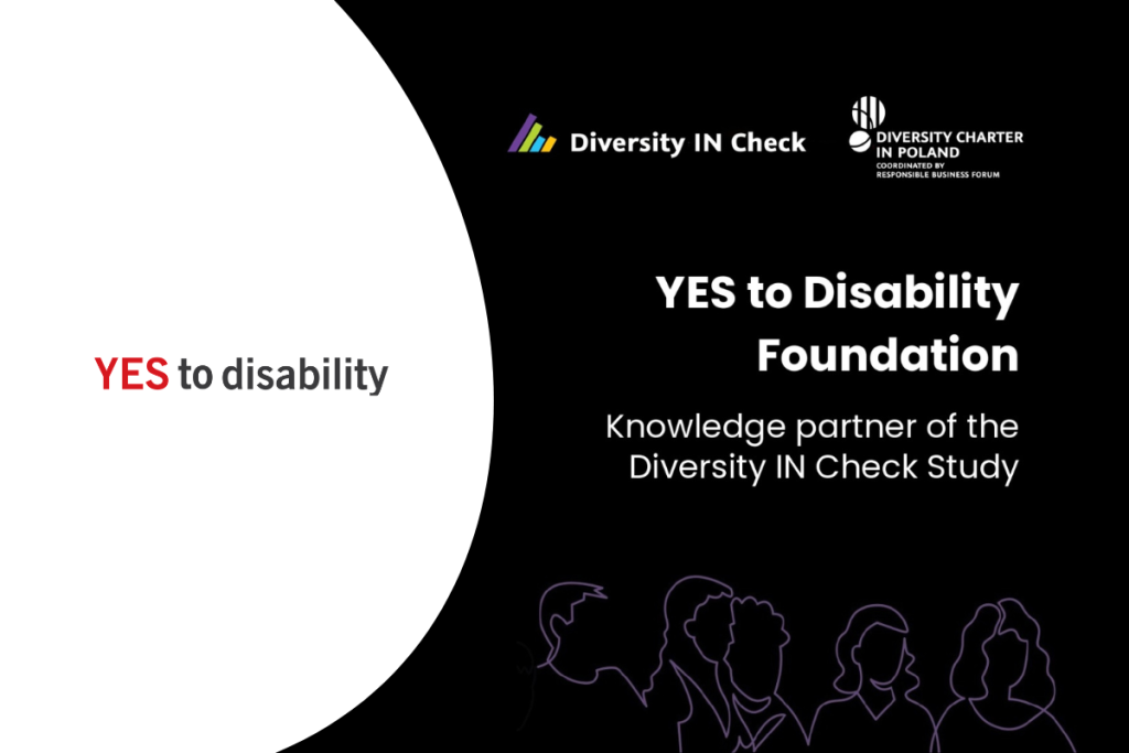 Graphic states that Yest to Diability Foundation is a knowledge partner of the 6th Diversity IN Check survey. The Foundation logo is on the left, the survey name and partnership note on the right. The Diversity Charter logo is in the top corner.