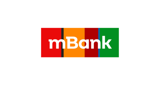 Logo mBank z kolorowymi paskami na białym tle